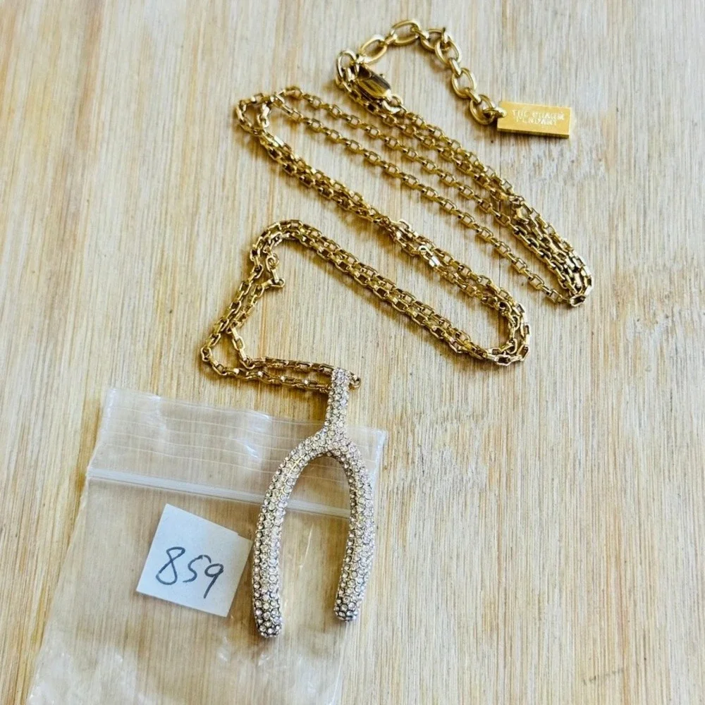 Michael Kors Gold Plated Wishbone Necklace Crystal Pave Authentic Rare Box Chain